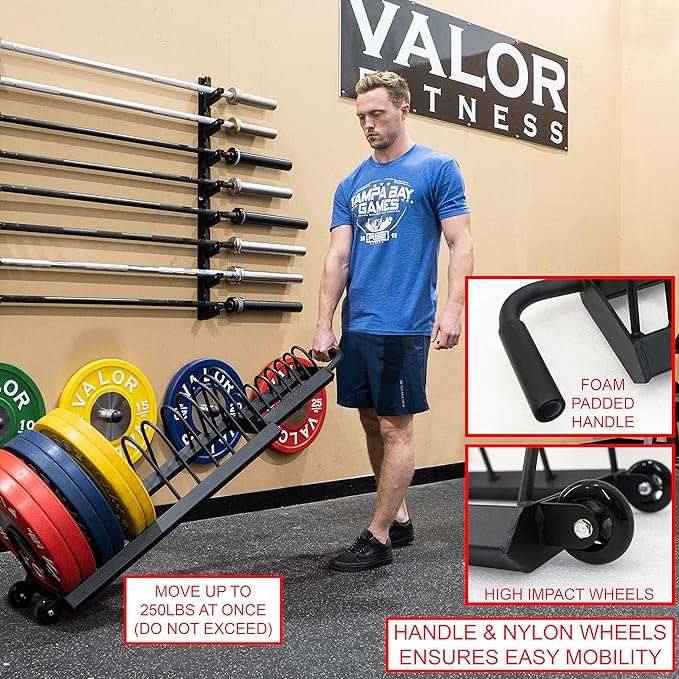 Valor Fitness Portable Bumper Plate Storage Rack – Horizontal Floor Storage with Wheels up to 16 Plates - Home Gym Organization