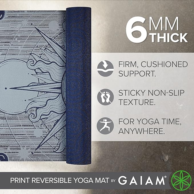Gaiam Yoga Mat - Premium 6mm Print Reversible Extra Thick Non Slip Exercise & Fitness Mat for All Types of Yoga, Pilates & Floor Workouts (68" x 24" x 6mm Thick)