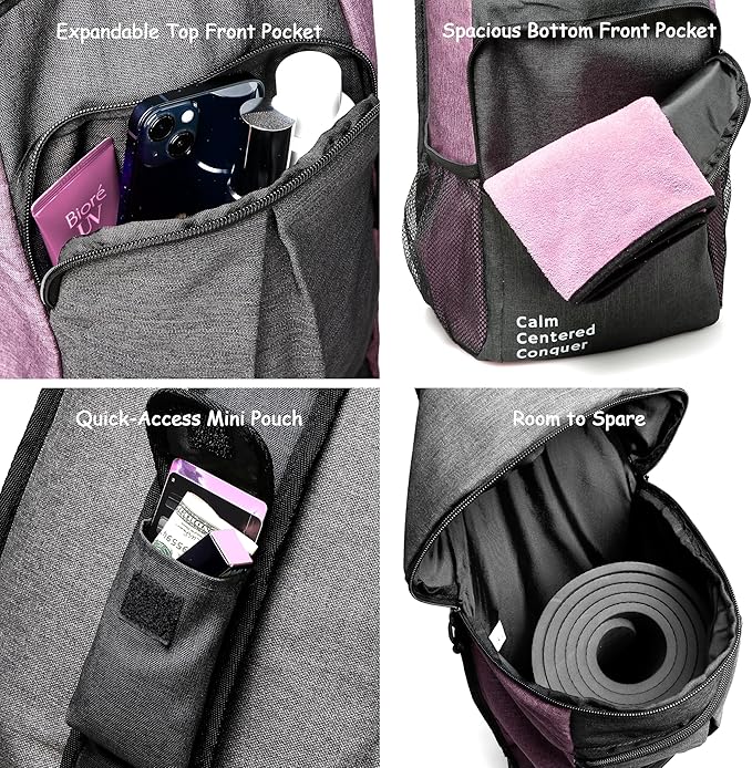 Yoga Mat Bag Carrier - Large Pockets & Water Bottle Holders. Yoga Backpack Fits 0.5" Thick x 26" Wide Mats. Hands-Free, Left-Right Switchable, Yoga, Gym, Cycling