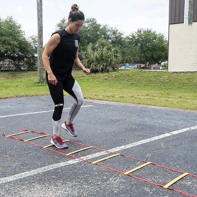 Valor Fitness Agility Training Ladder – 33 Ft with Storage Pegs & Carry Bag, 2 Clipped Sections for Speed, Agility, Footwork & Coordination Training for Adults & Kids