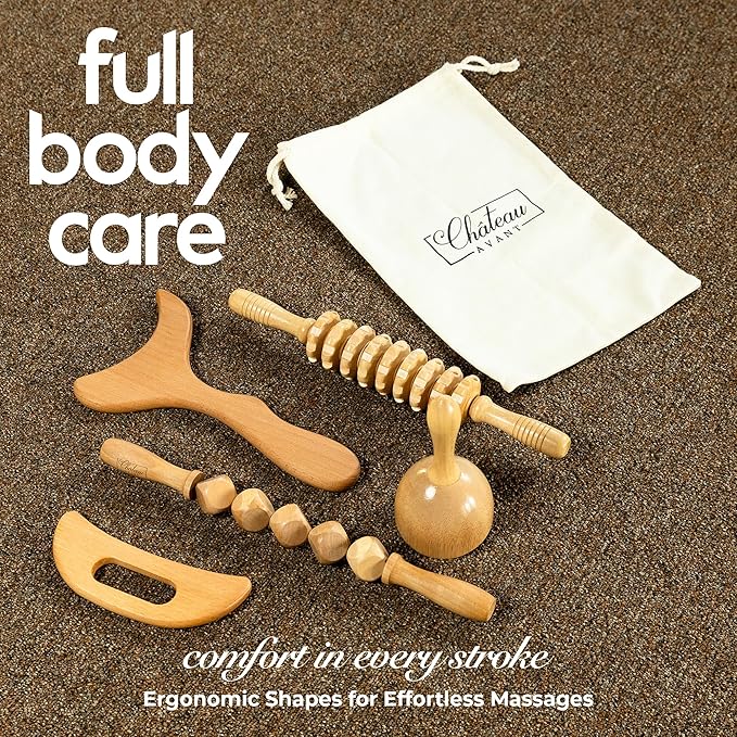 Château Avant 5Pcs Lymphatic Drainage Massager Cellulite Massage Tool – Luxury Wood Therapy Massage Tools Cupping Therapy Set Includes Cupper, Rollers, Contouring Board, Scraper – Tool Kit for Home